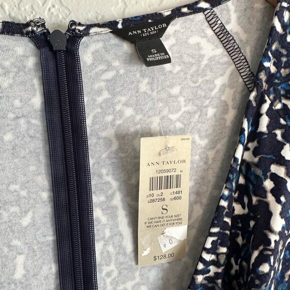 NEW Ann Taylor Faux Wrap Dress Blue Grey Watercolor V Neck Office Artsy Stretchy - Picture 2 of 5